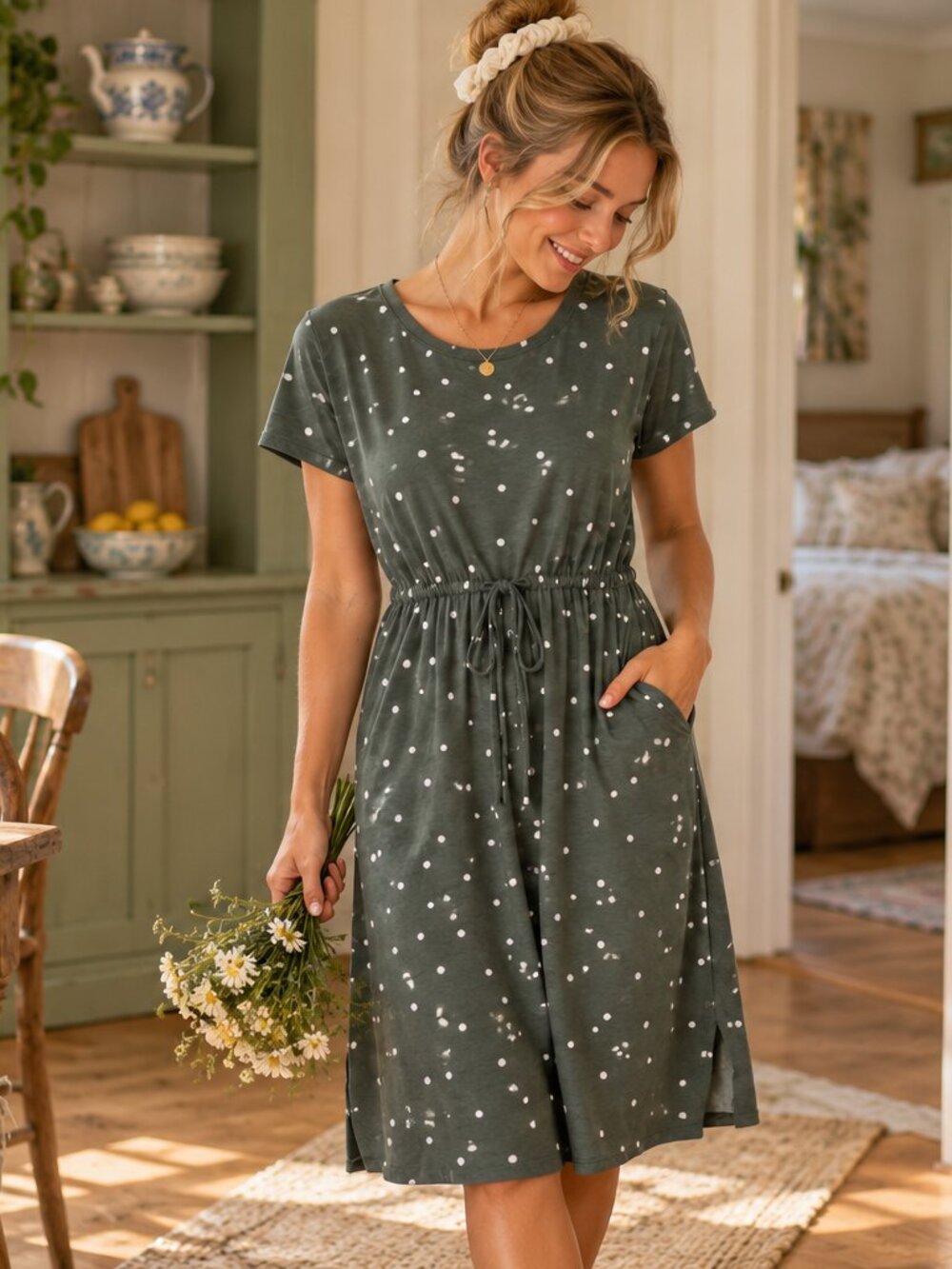 NEW Simier Fariry Women's L Green & White Polka Dot Short Sleeve Dress Pockets